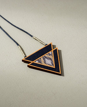 WHE Brown Upcycled Fabric and Repurposed Wood Triangular Necklace