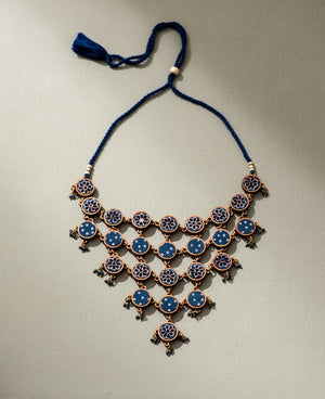 WHE Blue Ajrakh Upcycled Fabric and Repurposed Wood Adjustable Statement Necklace
