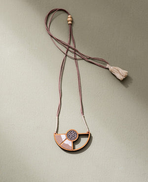 WHE Beige and White Geometrical Repurposed Fabric and Wood Adjustable Pendant Necklace