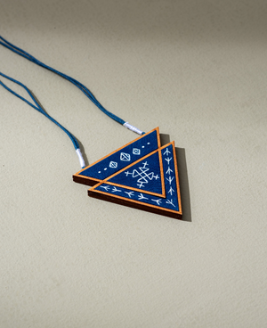WHE Hand Painted Blue Upcycled Fabric and Repurposed Wood Triangular Necklace