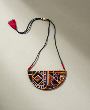 WHE Black Upcycled Ajrakh Fabric and Repurposed Wood Maze Necklace