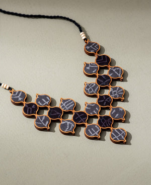 WHE Grey Tribal motif Repurposed Fabric and Wood Statement Necklace with Adjustable Length