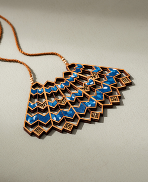 WHE Blue Wave Pattern Kalamkari Upcycled Fabric and Repurposed Wood Necklace