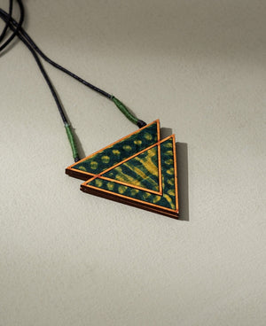 WHE Green Batik Triangular Adjustable Pendant made of Repurposed Fabric and Wood