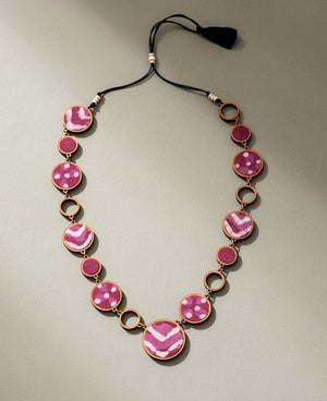 WHE Reversible 2-In-1 Pink Black Repurposed Fabric and Wood Necklace