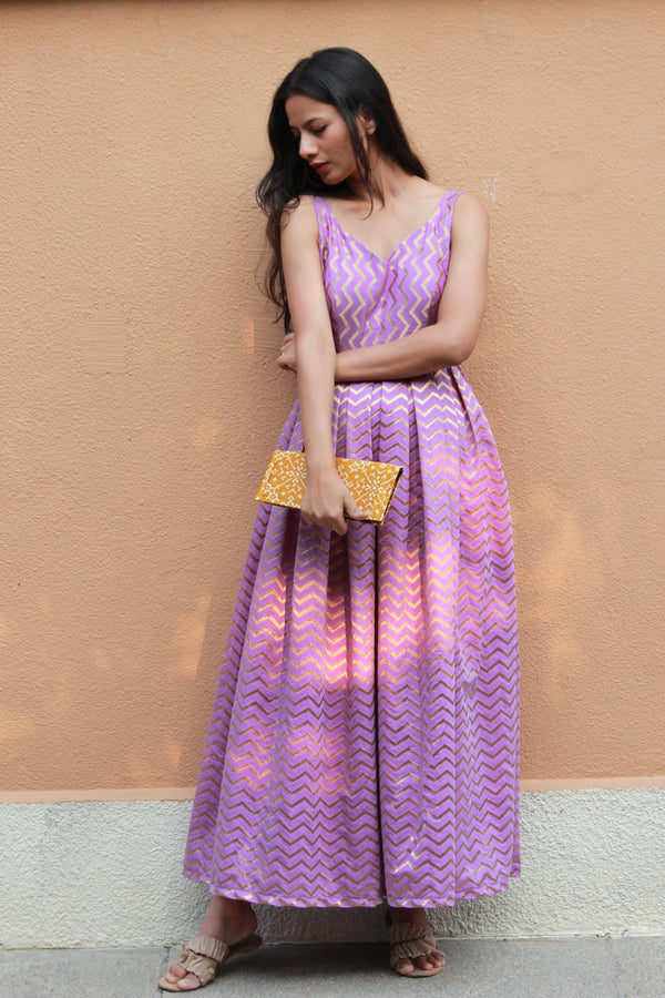 Women Purple V-Neck Long Sleeve Georgette Maxi Dress