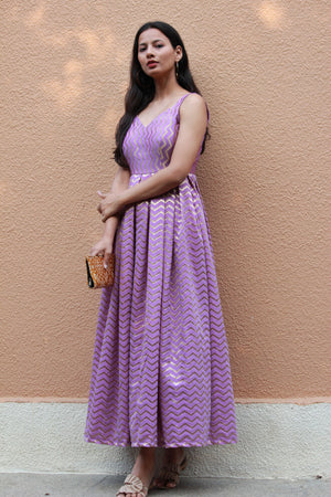 Lilac Chanderi Pleated Maxi Dress