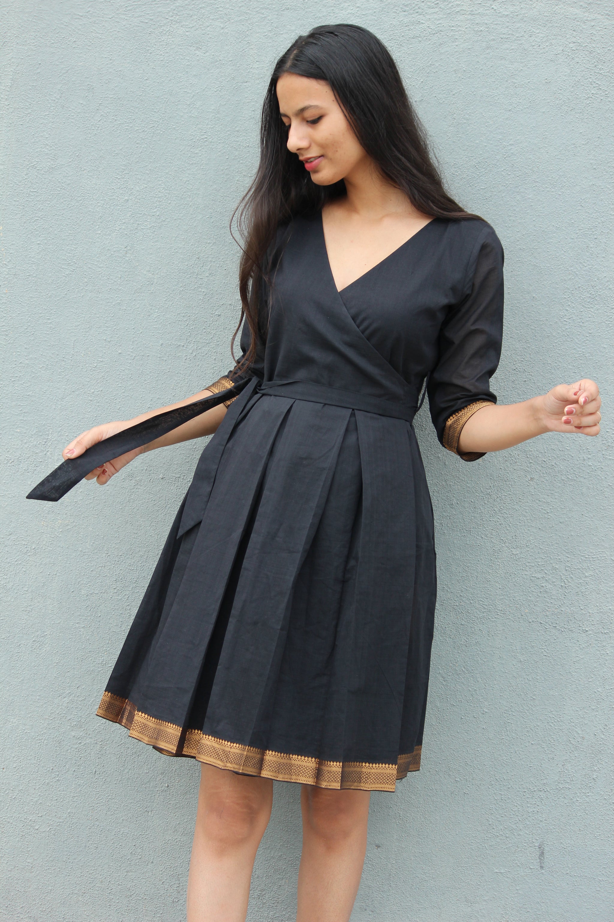 Mangalagiri Cotton Pleated Wrap Dress with Bronze / Gold Border - Mogra Designs Mangalagiri Cotton Pleated Wrap Dress with Bronze / Gold Border - Mogra Designs