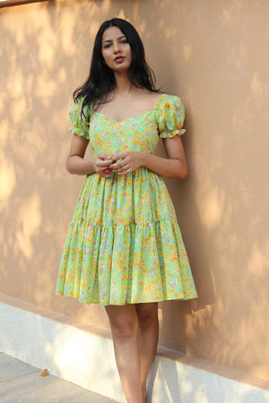 Mint Blossom Floral Hand Block Printed Tiered Dress