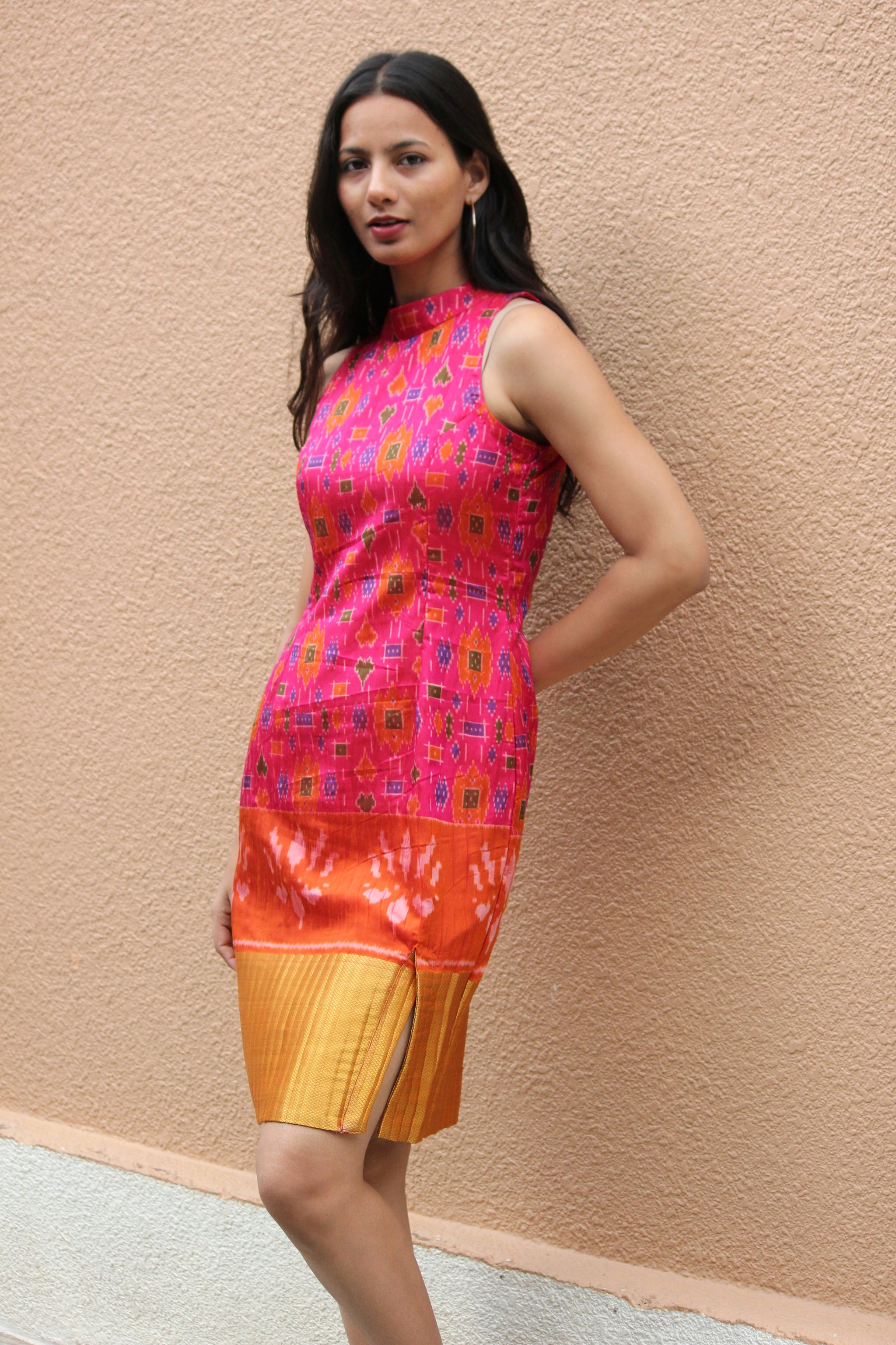 Pink Patola Silk Halter Pencil Dress - Mogra Designs Pink Patola Silk Halter Pencil Dress - Mogra Designs