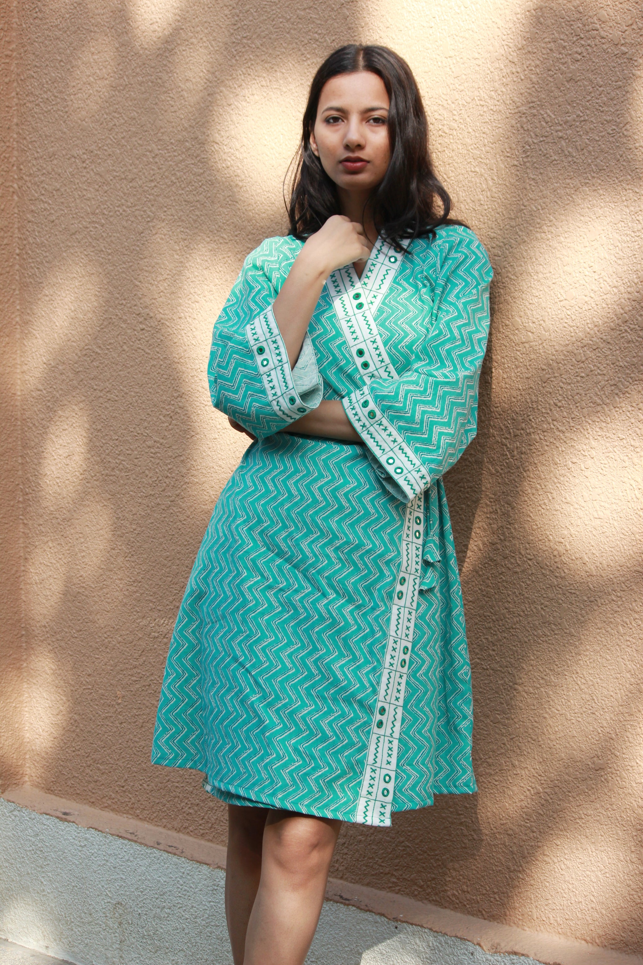 Teal Embroidered Kimono Style Wrap Dress - Mogra Designs Teal Embroidered Kimono Style Wrap Dress - Mogra Designs