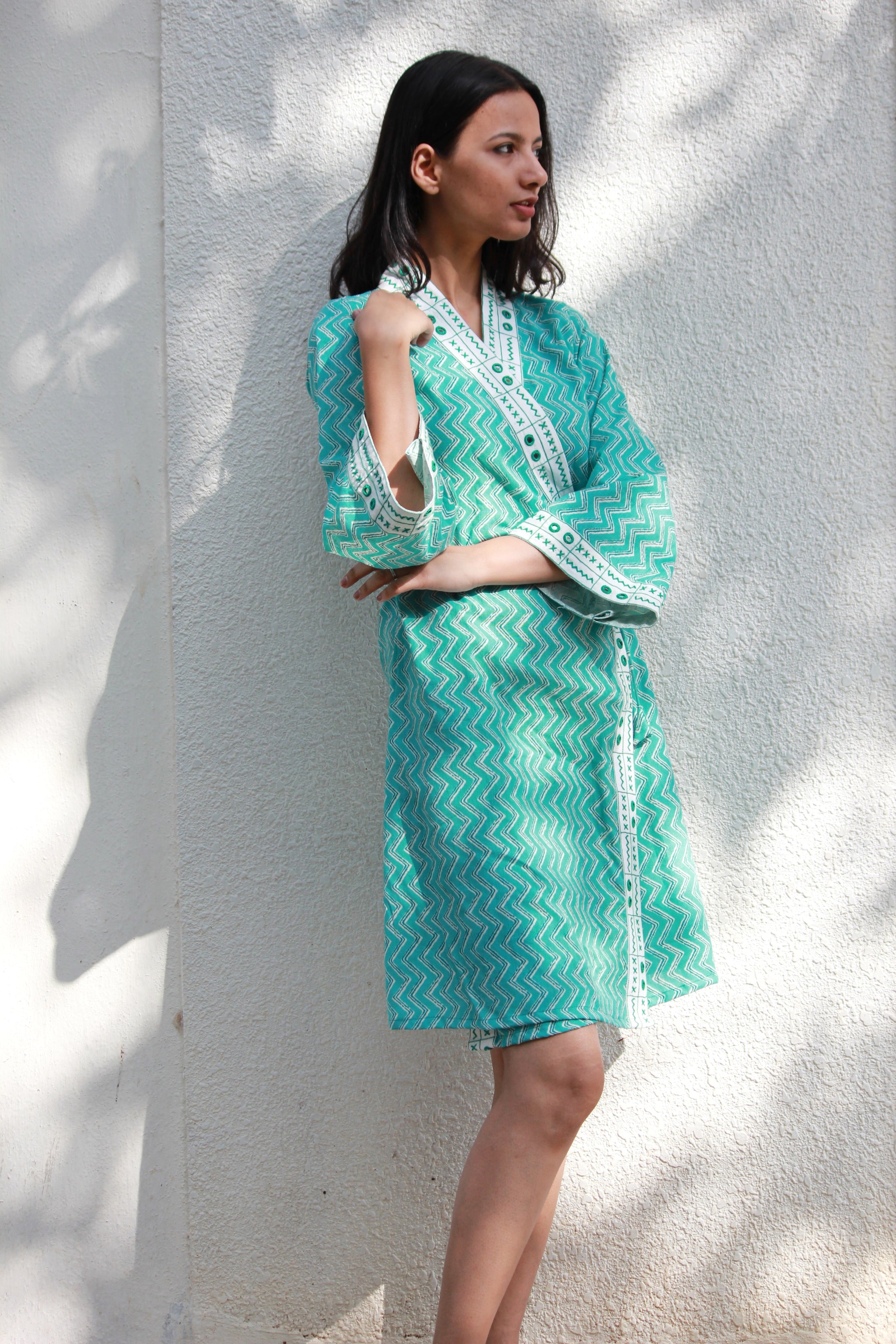 Teal Embroidered Kimono Style Wrap Dress - Mogra Designs Teal Embroidered Kimono Style Wrap Dress - Mogra Designs