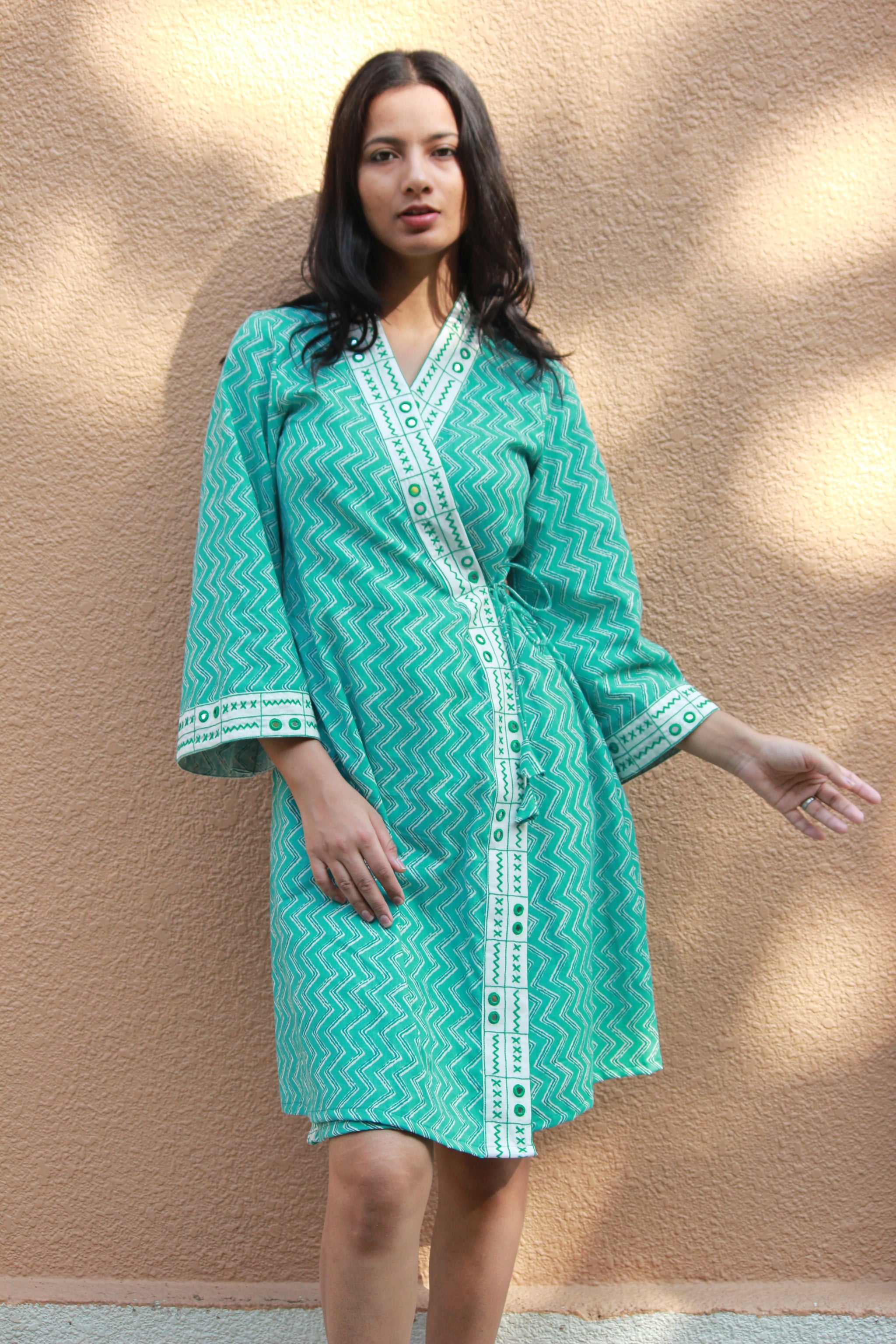 Teal Embroidered Kimono Style Wrap Dress - Mogra Designs Teal Embroidered Kimono Style Wrap Dress - Mogra Designs