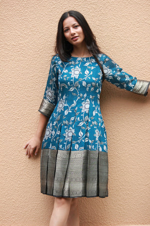 Firozi Chanderi Silk Pleated Dress