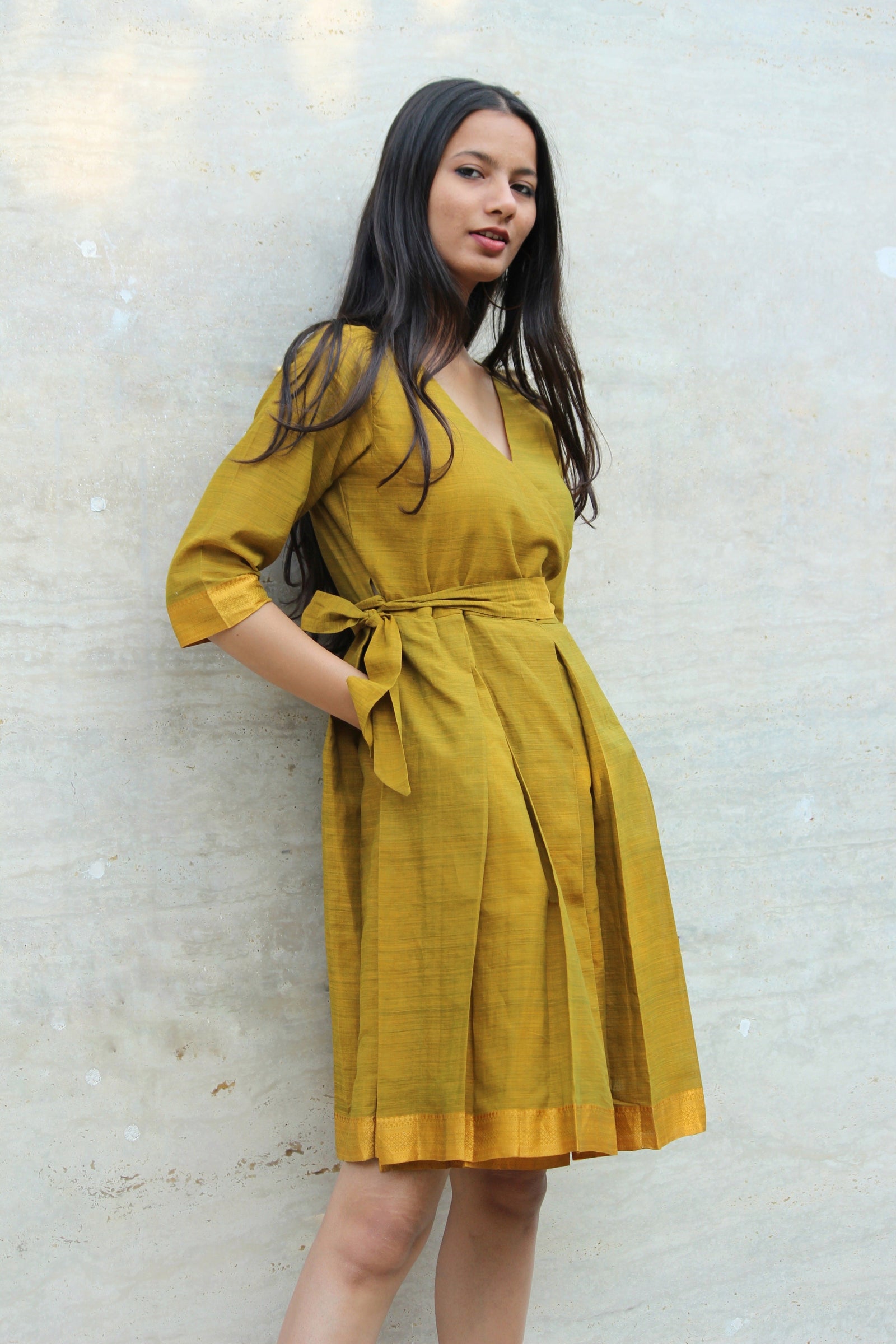 Pista Green South Cotton Pleated Wrap Dress