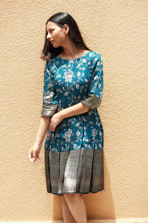 Firozi Chanderi Silk Pleated Dress