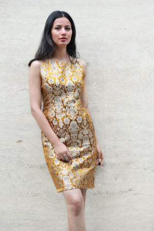 Kimkhwab Brocade Pencil Dress In Mustard Green