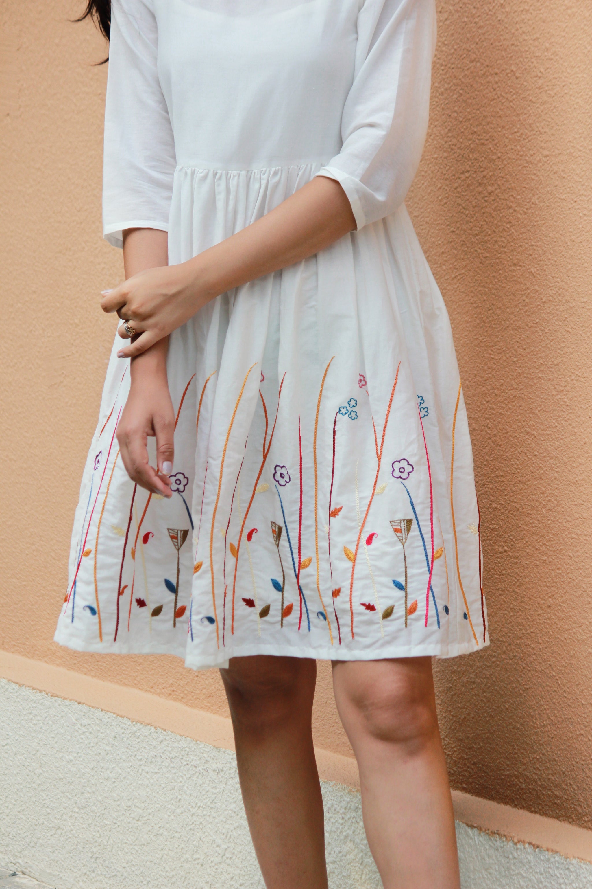 Ferns and Petals Chanderi Hand Embroidered Dress - Mogra Designs Ferns and Petals Chanderi Hand Embroidered Dress - Mogra Designs