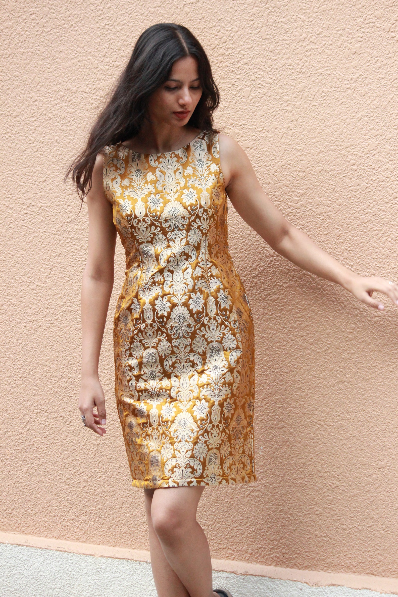 Kimkhwab Brocade Pencil Dress In Mustard Green