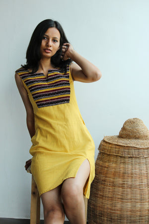 Yellow Handloom Applique Embroidered Dress