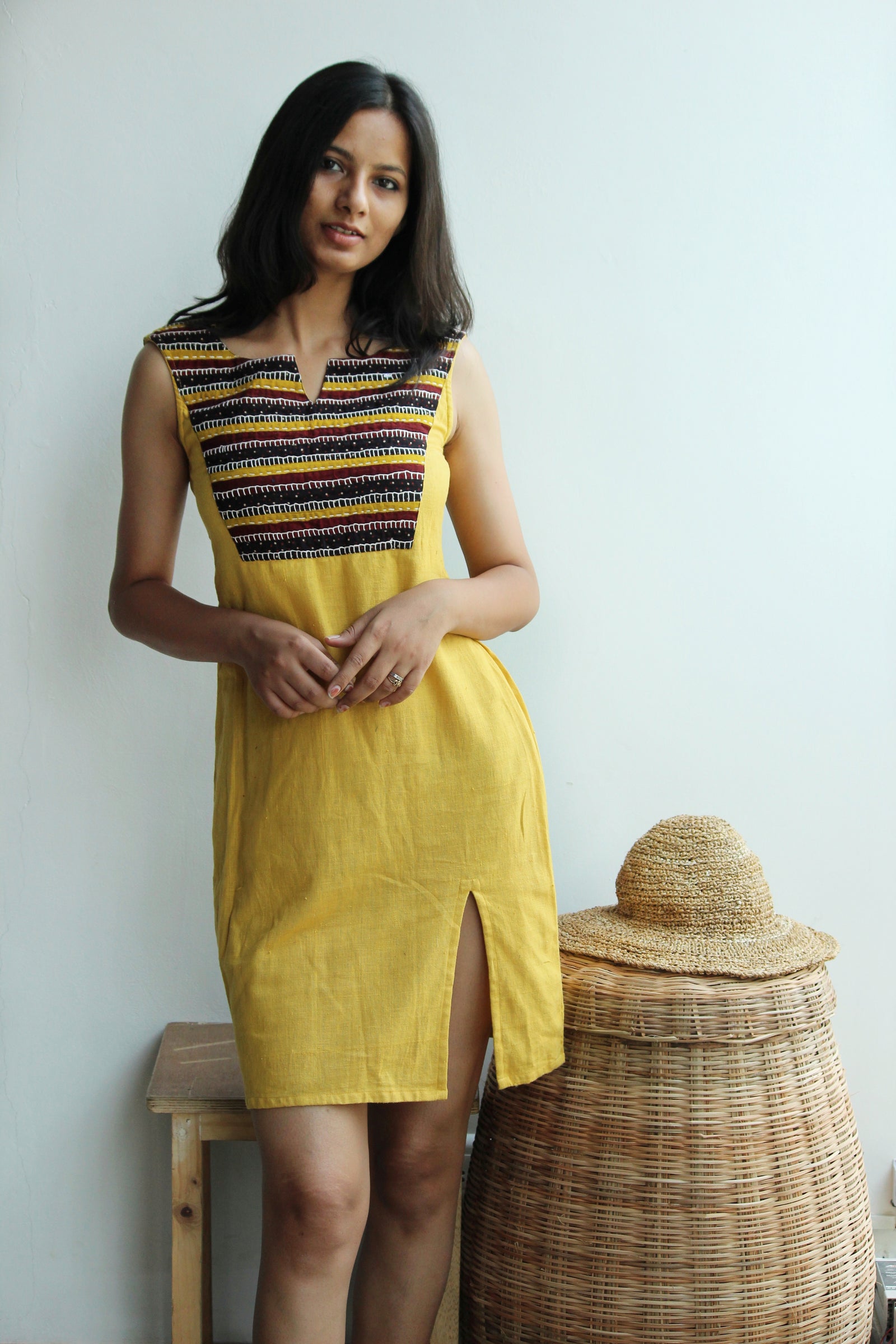 Yellow Handloom Applique Embroidered Dress