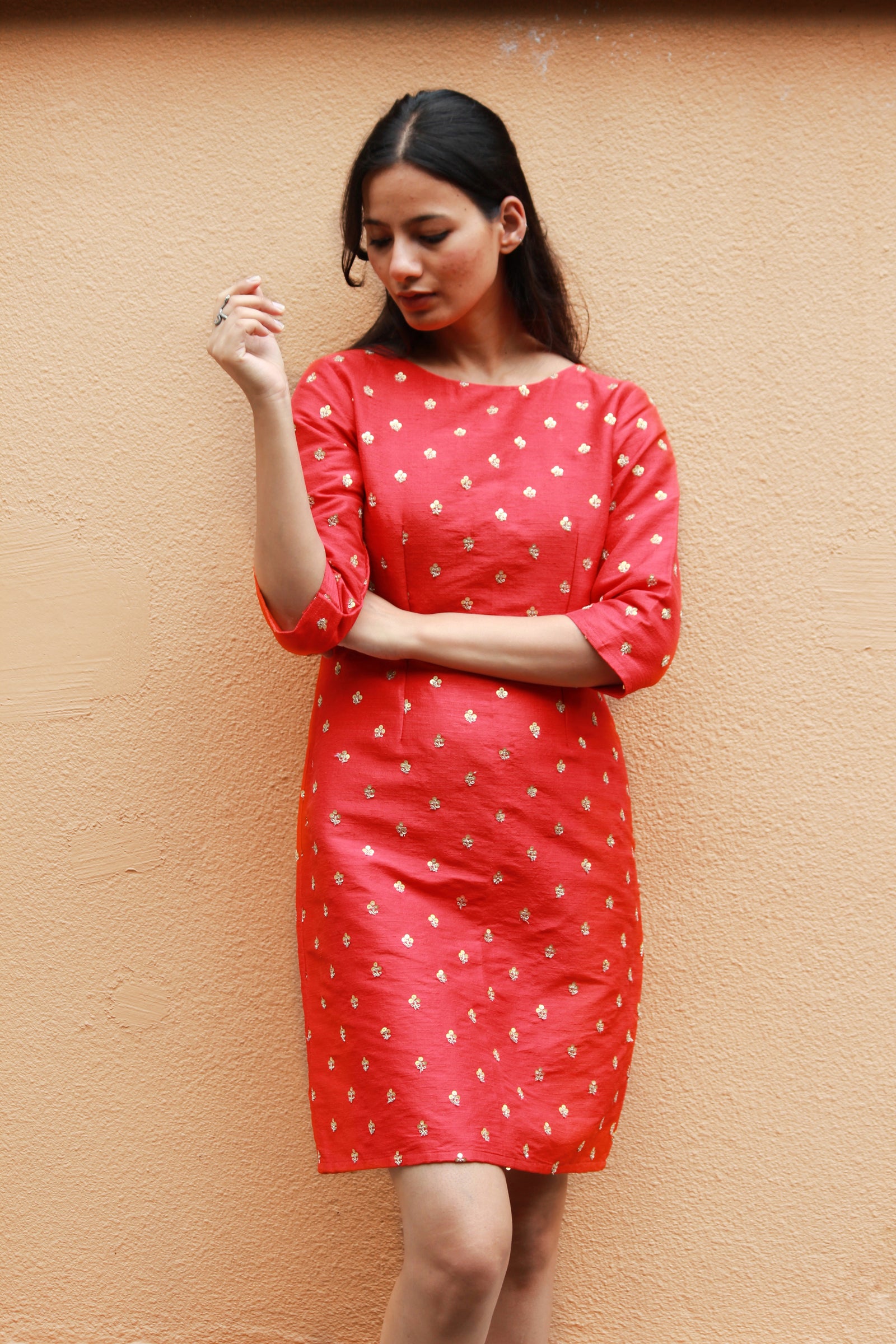 Sequin Embroidered Pencil Dress in Silk