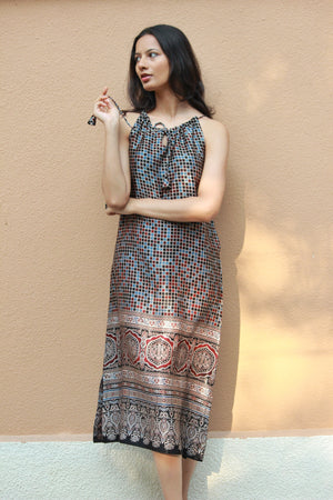 Mosaic Ajrakh Modal Silk A-Line Halter Dress