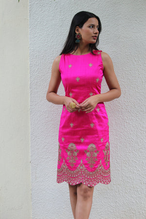 Rani Pink Embroidered Raw Silk Pencil Dress