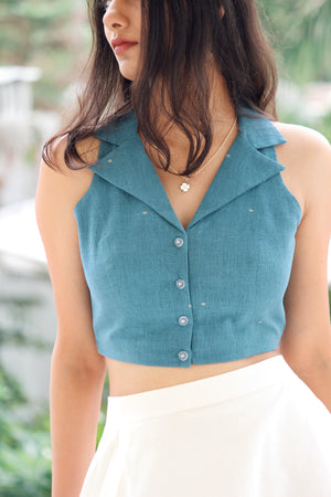 Indigo Collared Halter Neck Crop Top