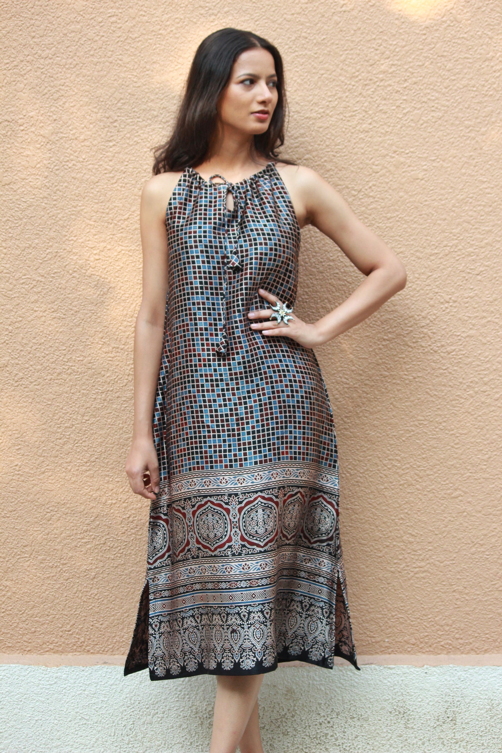 Mosaic Ajrakh Modal Silk A-Line Halter Dress