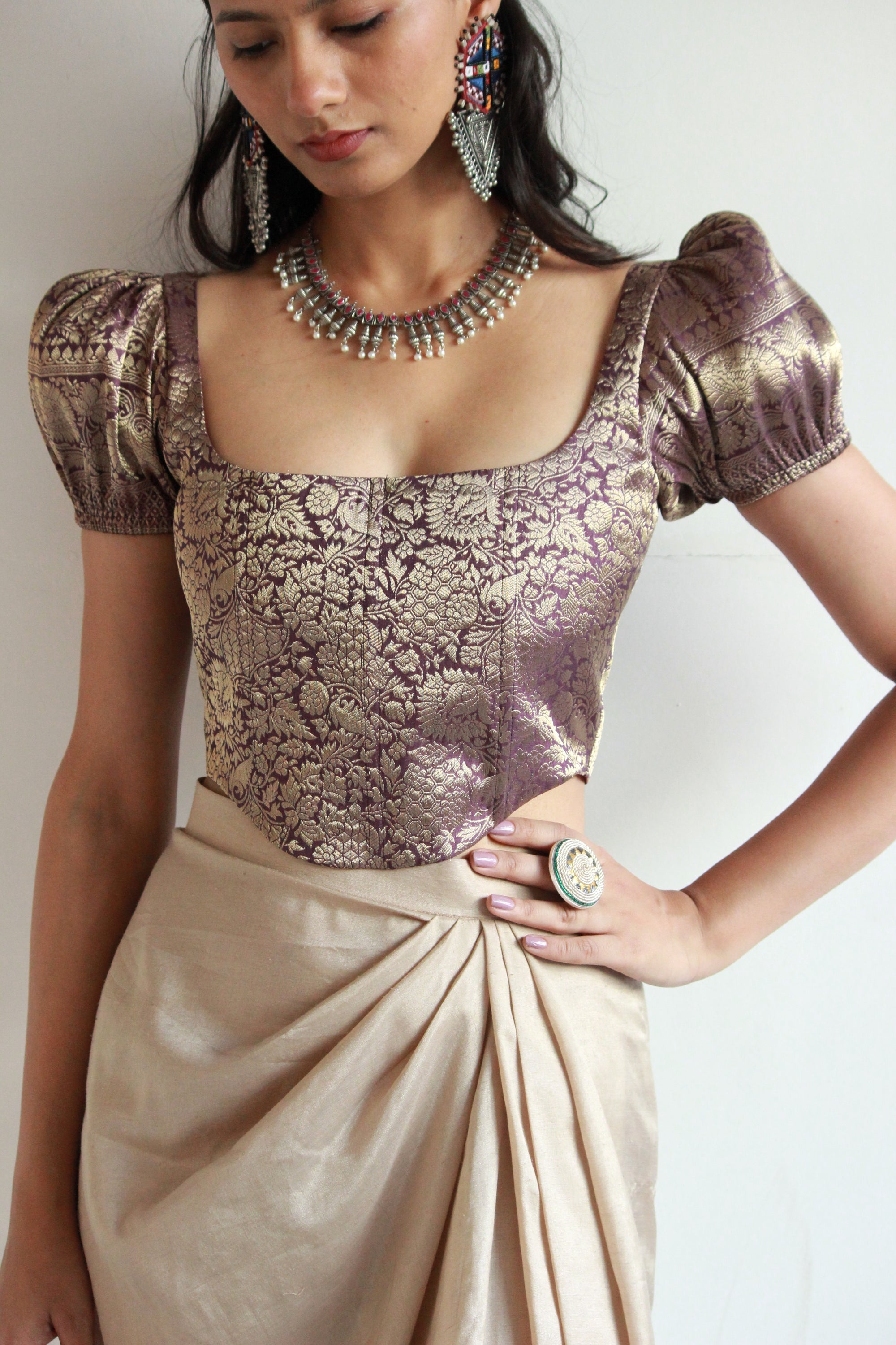 Dark Mauve Brocade Corset With Sleeves