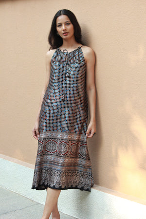 Mosaic Ajrakh Modal Silk A-Line Halter Dress