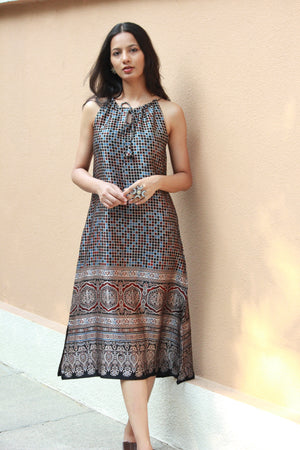 Mosaic Ajrakh Modal Silk A-Line Halter Dress