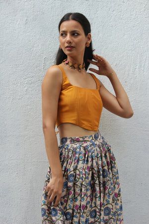 Mustard And Cream Kalamkari Printed Corset Lehenga