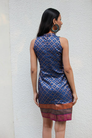 Blue Banarasi Halter Pencil Dress
