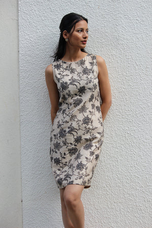 Beige Floral Tussar Pencil Dress