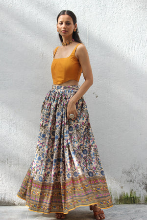 Mustard And Cream Kalamkari Printed Corset Lehenga