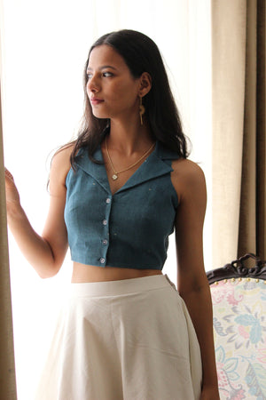 Indigo Collared Halter Neck Crop Top