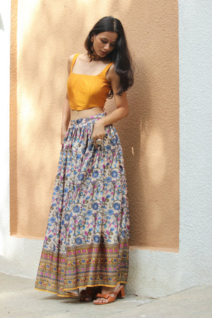 Mustard And Cream Kalamkari Printed Corset Lehenga
