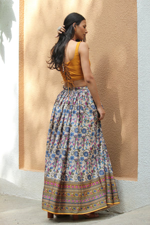 Mustard And Cream Kalamkari Printed Corset Lehenga