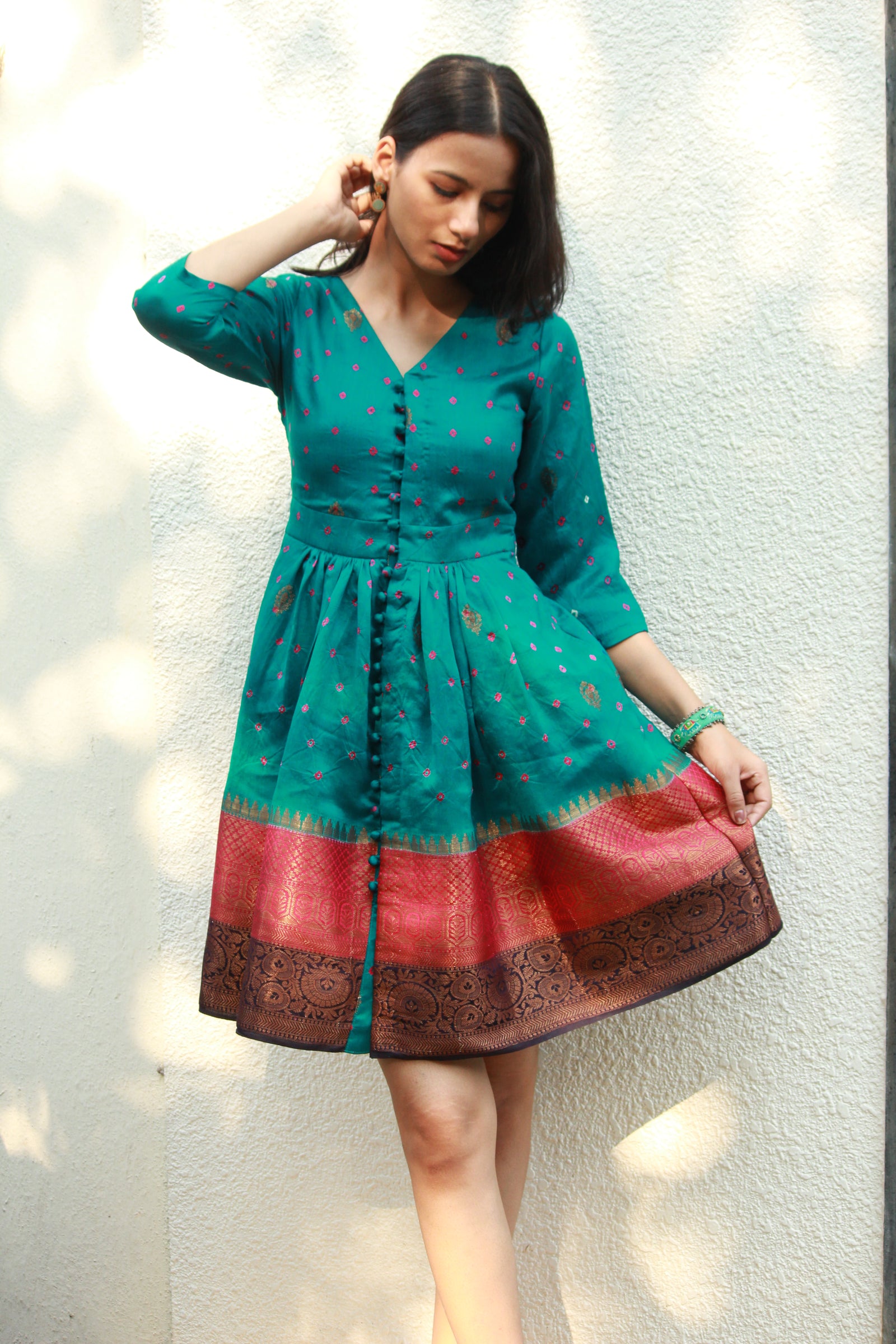 Teal Bandhani Silk Brocade Dress