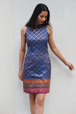 Blue Banarasi Halter Pencil Dress
