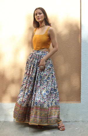 Mustard And Cream Kalamkari Printed Corset Lehenga