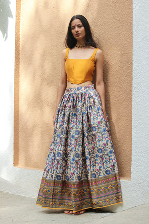 Mustard And Cream Kalamkari Printed Corset Lehenga