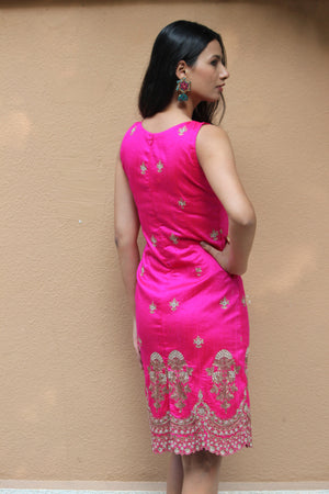 Rani Pink Embroidered Raw Silk Pencil Dress