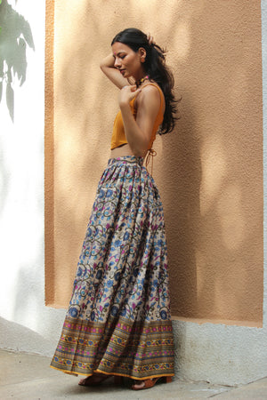 Mustard And Cream Kalamkari Printed Corset Lehenga