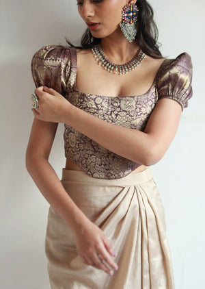 Dark Mauve Brocade Corset With Sleeves