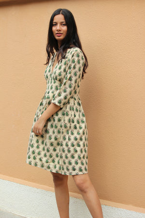 Cream And Green Paisley Plunge Dress