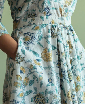 Pastel Floral Hand Block Printed Fit & Flare Dress - Mogra Designs