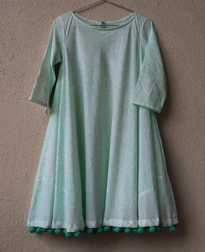 Mint Floral Block Printed Swing Dress with Handmade Pompoms - Mogra Designs